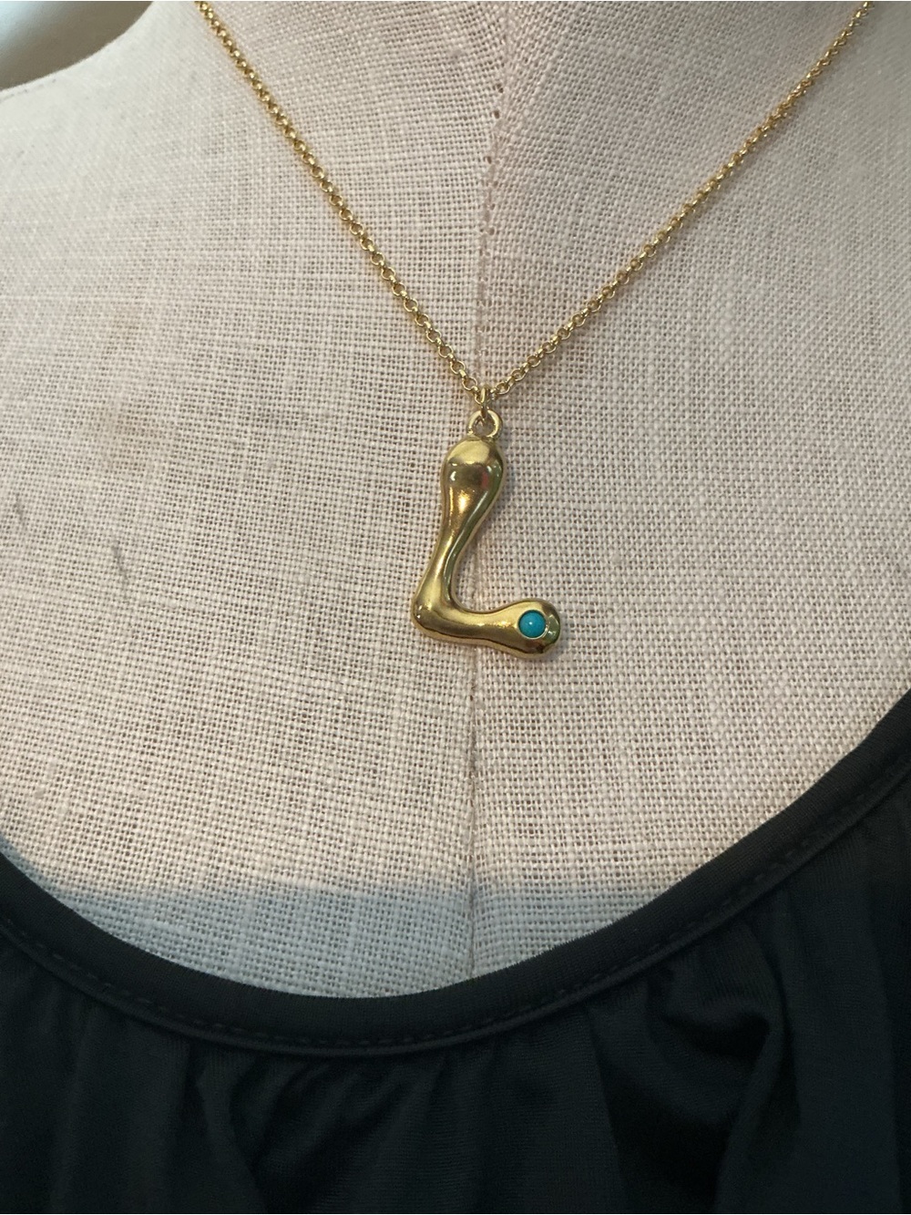 Gold 'L' Pendant Necklace with Turquoise Accent - Women Jewelry